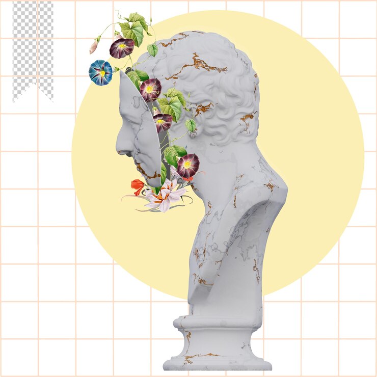 PSD jj winckelmann statues 3d render collage with flower petals compositions for your work