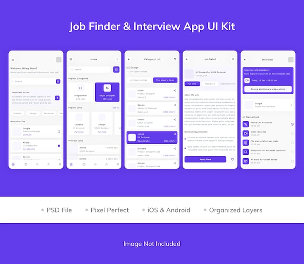 PSD kit di interfaccia utente dell'app per interviste e ricerca lavoro