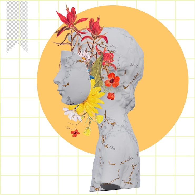 PSD john the baptist statues 3d render collage with flower petals compositions for your work