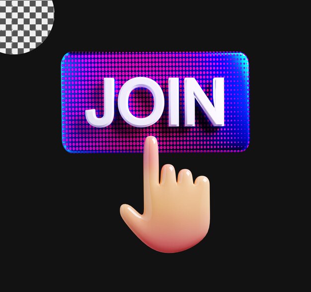 PSD join cta button with a hand 3d render in a transparent background