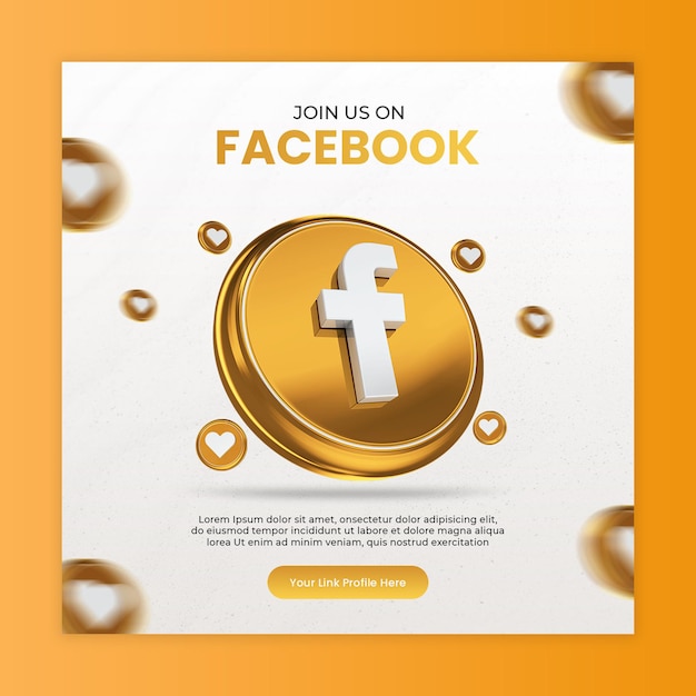 Unisciti a noi su facebook con l'icona di rendering 3d in oro per social media e post di instagram