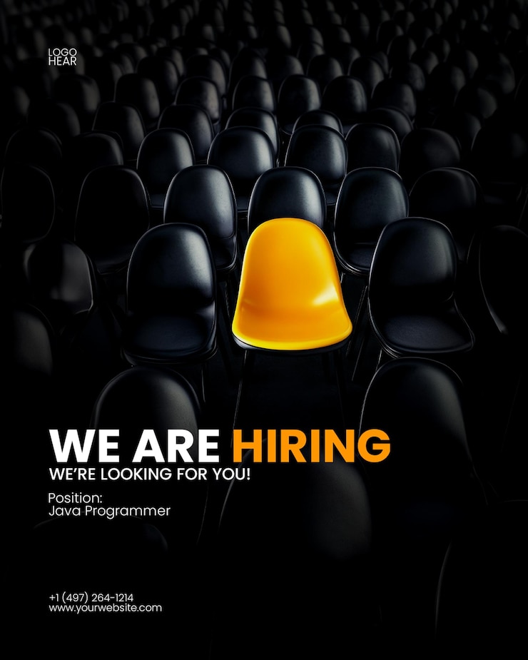 PSD join us work banner template with black chair in the middle of rows of other chairs job candidate idea