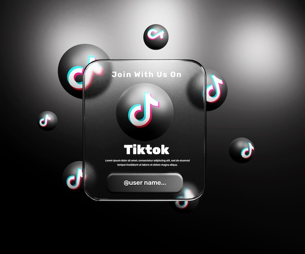 Unisciti a noi sul banner tiktok con effetto morfismo in vetro o post banner con cornice per social media