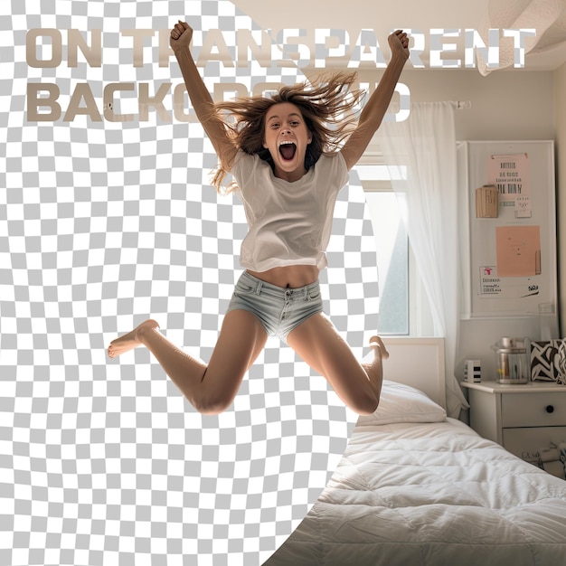 Jong meisje springt van vreugde op een transparant bed.