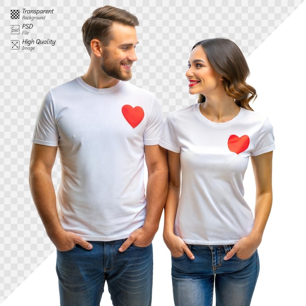 Jong verliefd koppel draagt overeenkomstige hart t-shirts