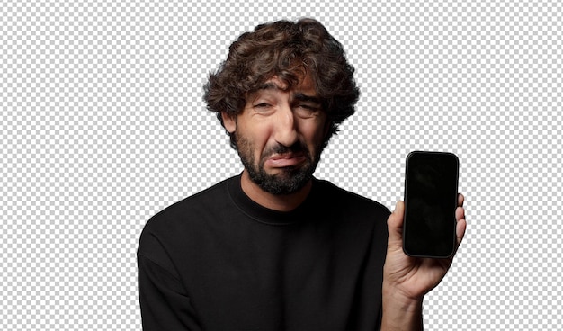 jonge baarde gekke man met een smartphone