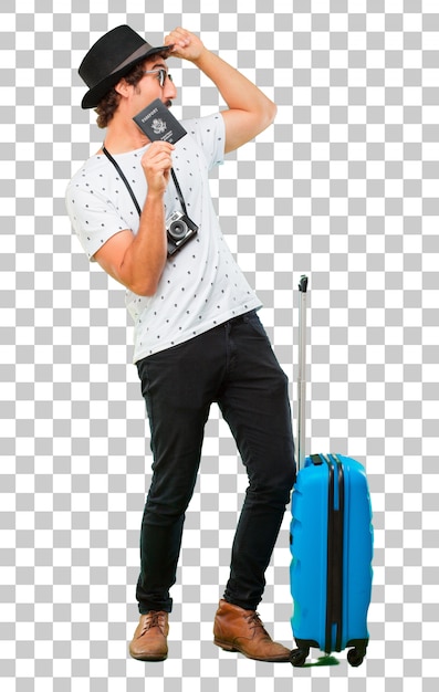 Jonge, bebaarde coole reiziger man met een tas. vakantie concept