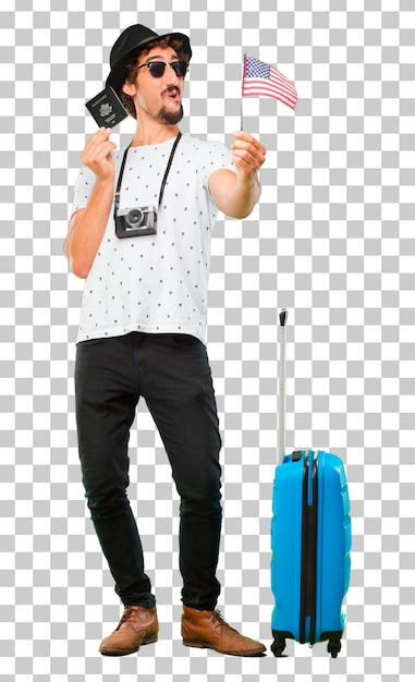 Jonge, bebaarde coole reiziger man met een tas. vakantie concept
