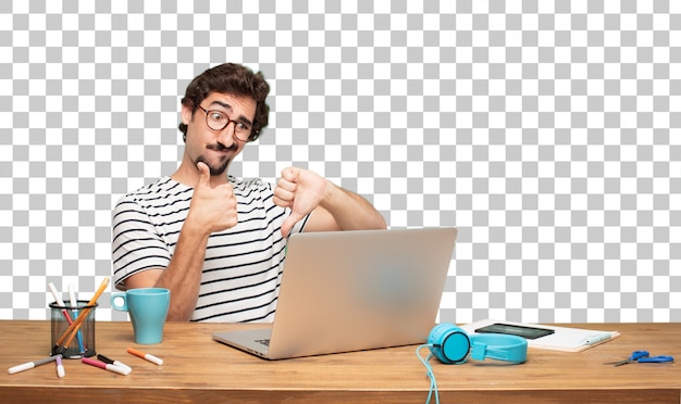 Jonge, bebaarde man grafisch ontwerper. verwarde uitdrukking