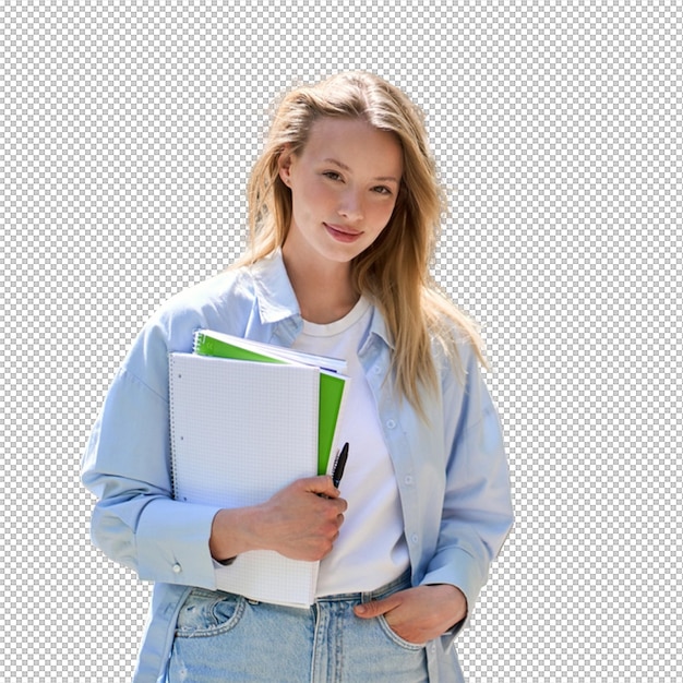 Jonge blonde student die glimlacht en notitieboeken vasthoudt
