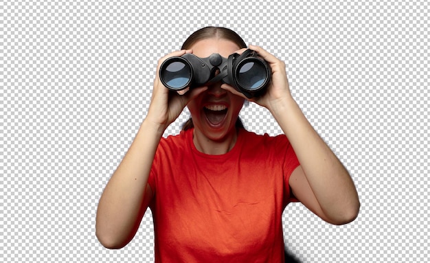 jonge blonde vrouw met een verrekijker