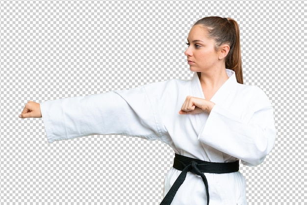 Jonge blonde vrouw over geïsoleerde chroma key achtergrond die karate doet