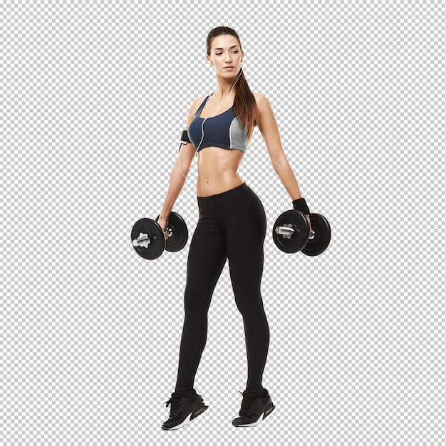 Jonge fitness sportieve vrouw in koptelefoon training met dumbbells op wit