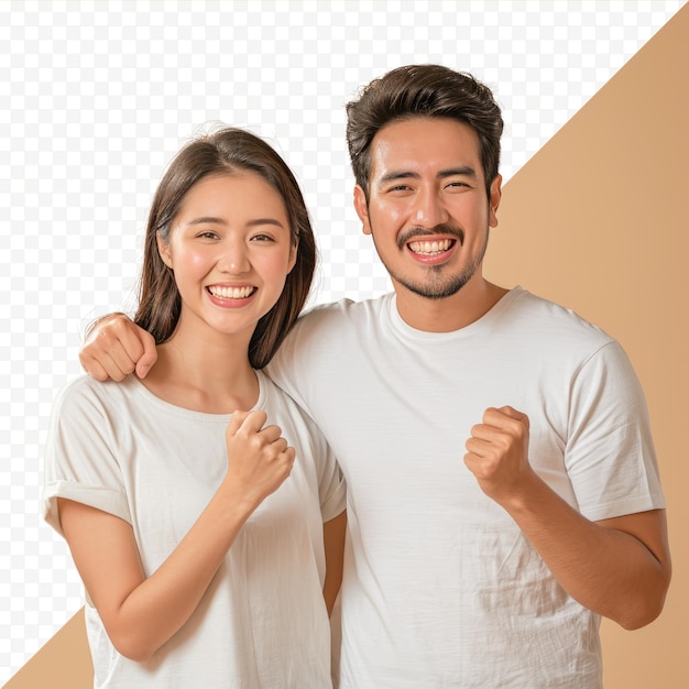 Jonge glimlachende gelukkige vrienden leuk paar twee vrienden familie man vrouw dragen casual kleding op zoek camera geven vuist bumo samen geïsoleerd op pastel gewone licht beige kleur geïsoleerde achtergrond s