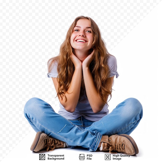 PSD jonge glimlachende vrouw in volle lengte zit op de vloer en toont kopieerruimte boven geïsoleerd op witte geïsoleerde achtergrond