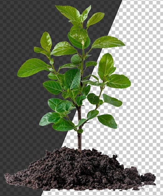 PSD jonge groene plant die uit rijke bodem op een doorzichtige achtergrond ontstaat png