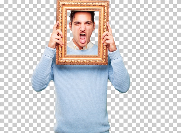 Jonge knappe gebruinde man met een frame