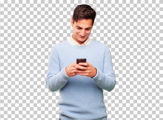 Jonge knappe gebruinde man met een slimme touchscreen telefoon