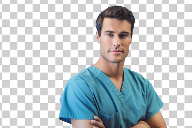 Jonge knappe man met doktersuniform op een geïsoleerde chroma sleutel achtergrond