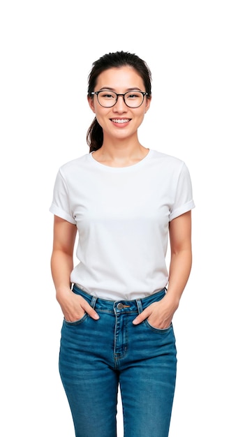 Jonge lachende Aziatische vrouw met een bril en een wit T-shirt.