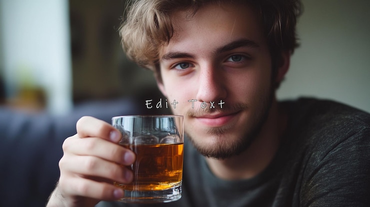 PSD jonge man met een glas ambervloeistof die licht naar de camera glimlacht
