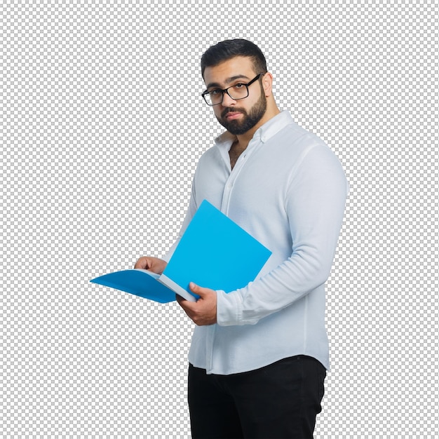 Jonge man met geopende map in witte shirtbroek en knap uitziend
