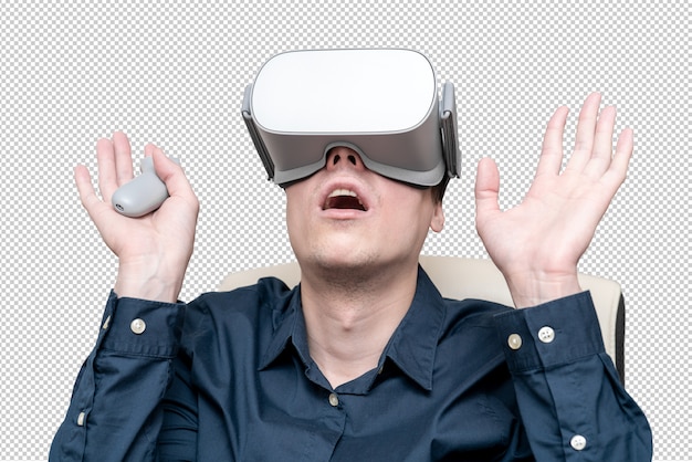 Jonge man met virtual reality-bril. Innovatie en technologische vooruitgang. Moderne technologieën voor bedrijven.