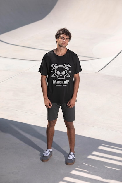 Jonge mannelijke skateboarder met mock-up t-shirt