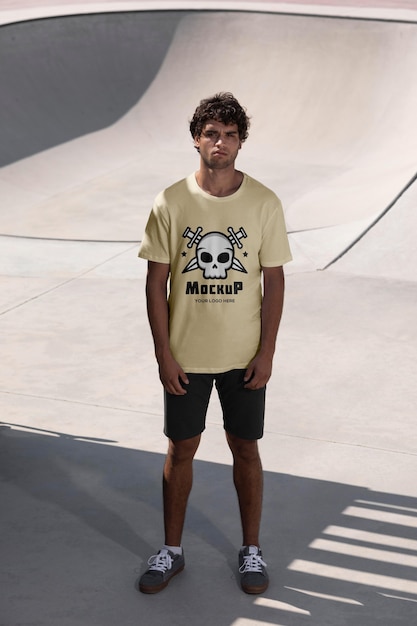 Jonge mannelijke skateboarder met mock-up t-shirt