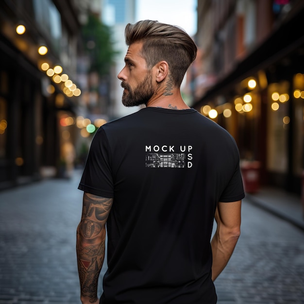 Jonge modelman in de stad in oversized zwart t-shirt mockup psd-sjabloon achteraanzicht generatieve al