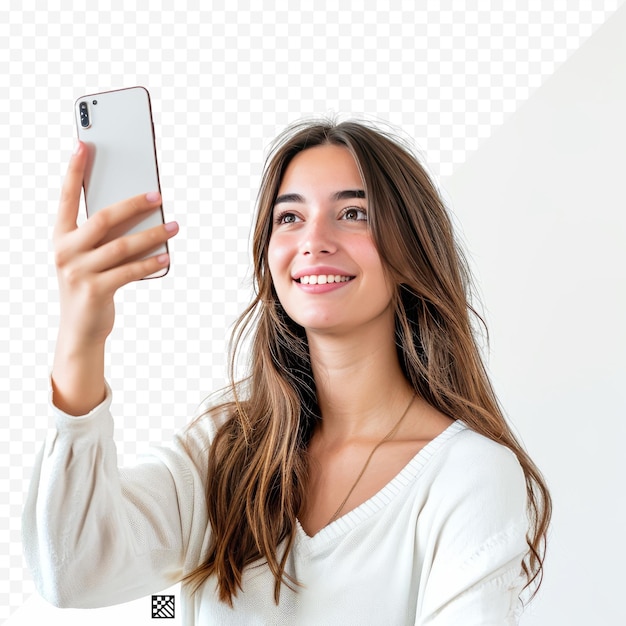 Jonge mooie vrouw die een selfie maakt met haar smartphone op een geïsoleerde witte achtergrond.