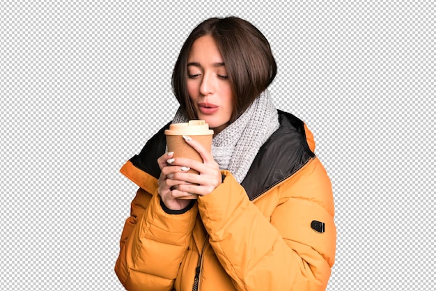 PSD jonge mooie vrouw die winterkleren draagt en een afhaalkoffie houdt