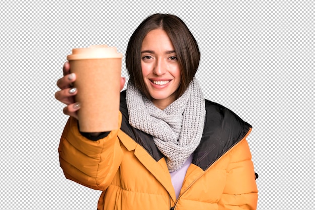 PSD jonge mooie vrouw die winterkleren draagt en een afhaalkoffie houdt