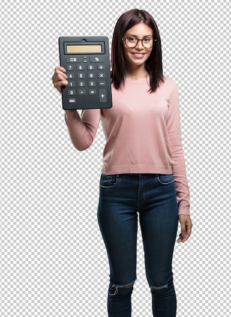 PSD jonge mooie vrouw vrolijk en glimlachen, die een calculator houdt