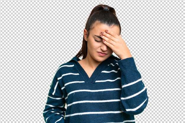 Jonge schoonheid vrouw over geïsoleerde chroma sleutel achtergrond met hoofdpijn