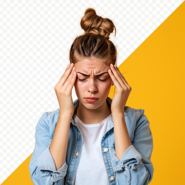 Jonge te veel nadenken ziek depressief gestrest verdrietig vermoeide vrouw in de twintigers dragen casual stijlvol denim shirt wit t shirt knijpen neus brug hebben een hoofdpijn geïsoleerd op gele kleur geïsoleerde achtergrond st