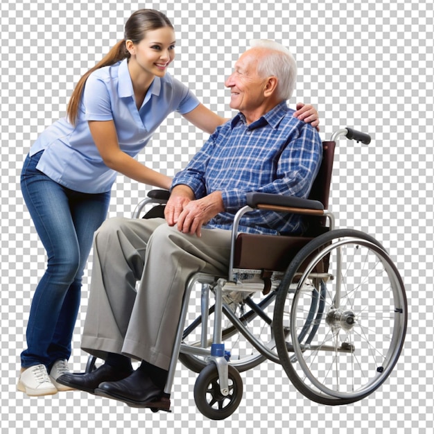 jonge verzorger die een oudere man in een rolstoel helpt op een doorzichtige achtergrond