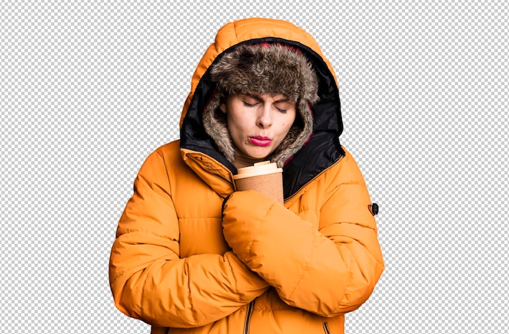 PSD jonge volwassen mooie vrouw die anorak en muts draagt en een afhaalkoffie vasthoudt