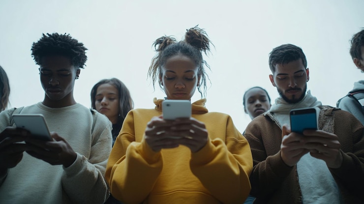 PSD jonge volwassenen die smartphones gebruiken met een lage hoek