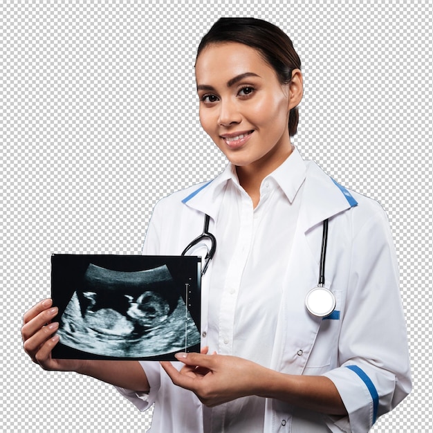 Jonge vrolijke dokter met een echografie van een baby