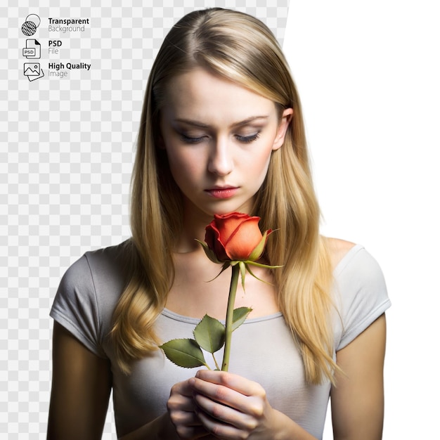 PSD jonge vrouw die voorzichtig een enkele rode roos vasthoudt tegen een doorzichtige achtergrond