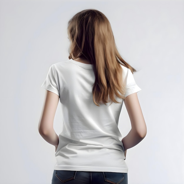 Jonge vrouw in wit t-shirt op grijze achtergrond achtergrond