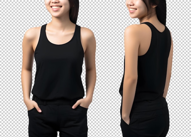 Jonge vrouw in zwarte tanktop mockup voor- en achteraanzicht knipsel