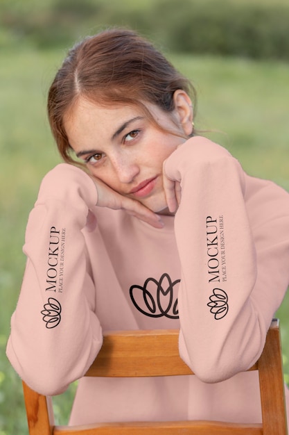 Jonge vrouw met een mock-up hoodie met lange mouw