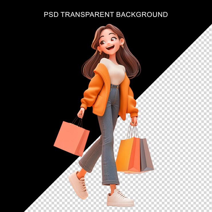 Jonge vrouw met oranje boodschappenzakken 3D-rendering met een transparante achtergrond in PSD