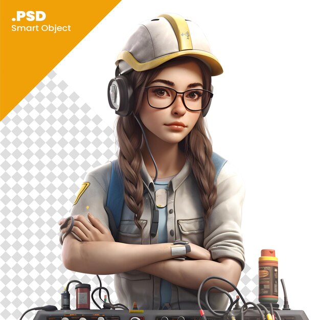 PSD jonge vrouwelijke ingenieur met helm en bril met gereedschap op een witte achtergrond psd sjabloon