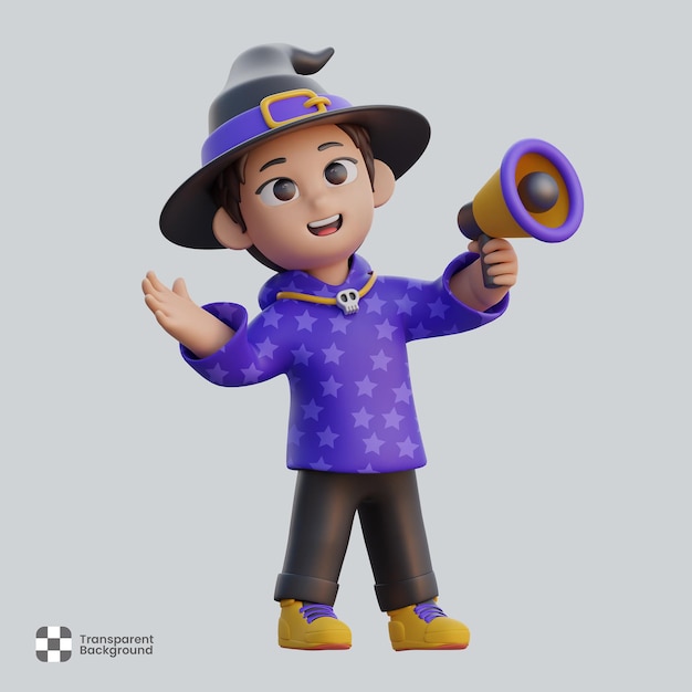 PSD jongen karakter in tovenaarskostuum met megafoon halloween party celebration 3d illustratie