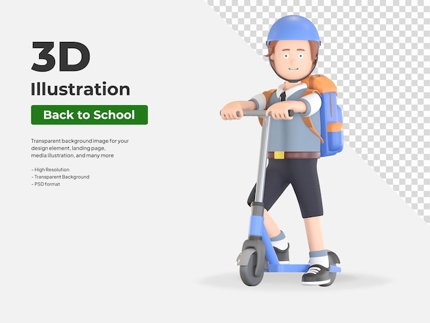 Jongen school student rijden scooter ga naar school 3D cartoon afbeelding