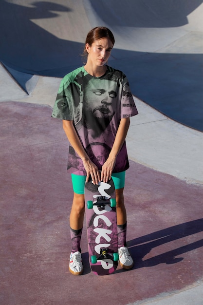 Jongere met koele kleding die skateboard buiten houdt