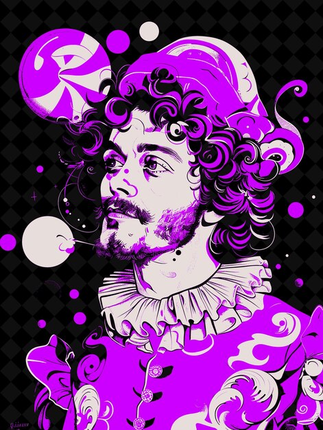 PSD ritratto di jongleur man in un costume colorato e un berretto con un j vivid color design collezioni png